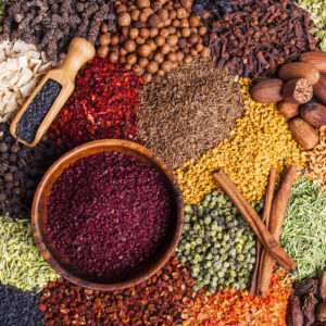 Colorful spices and herbs background